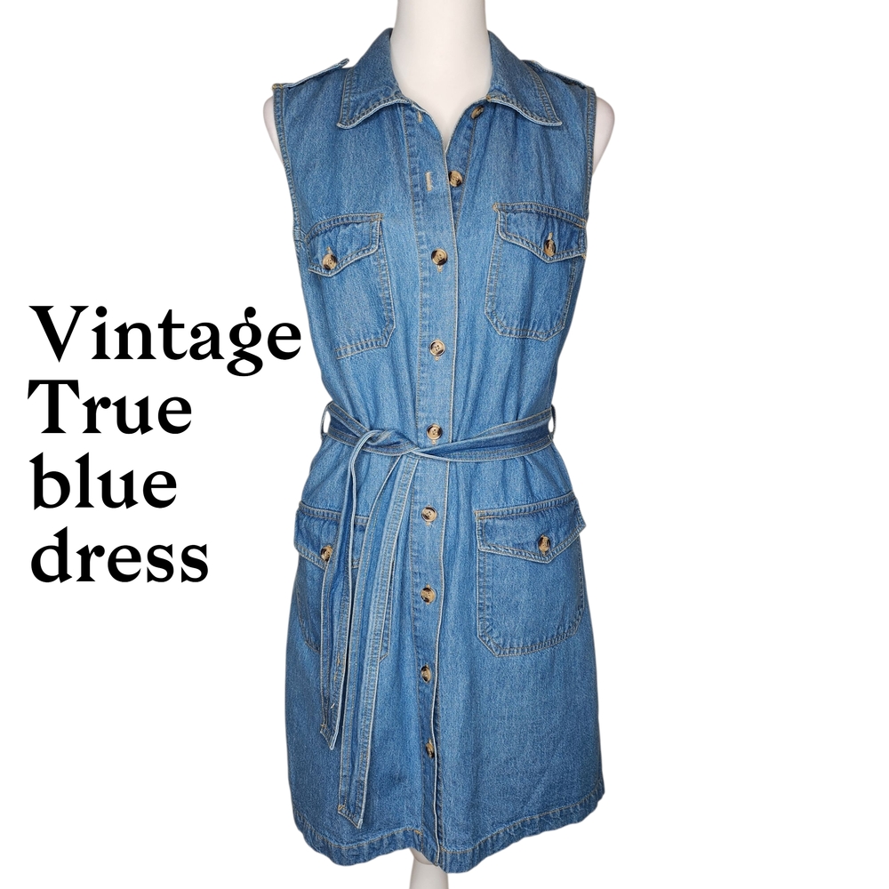 Denim Sleeveless Midi Dress 100% Cotton Vintage Collard Button Up Dress